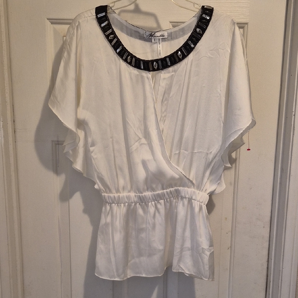 Marineblu White Blouse with Black Trim